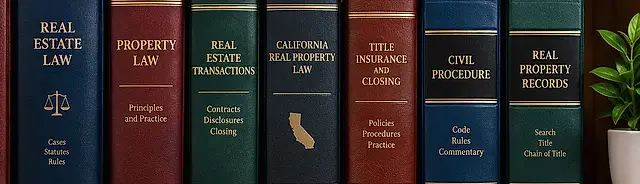 A shelf of leather-bound real estate law books, including California Real Property Law and Title Insurance and Closing