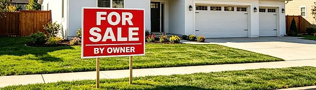 A white stucco house with a tile roof and a red For Sale By Owner sign on the front lawn