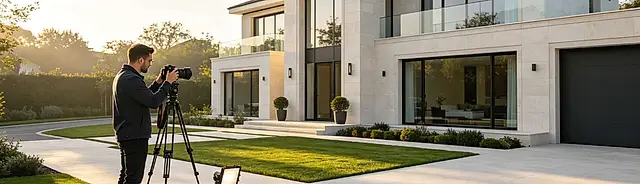 A real estate photographer shooting a modern two-story home from a tripod at golden hour