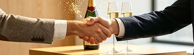 A handshake over a small table with a champagne bottle and two filled glasses, gold sparkles in the air